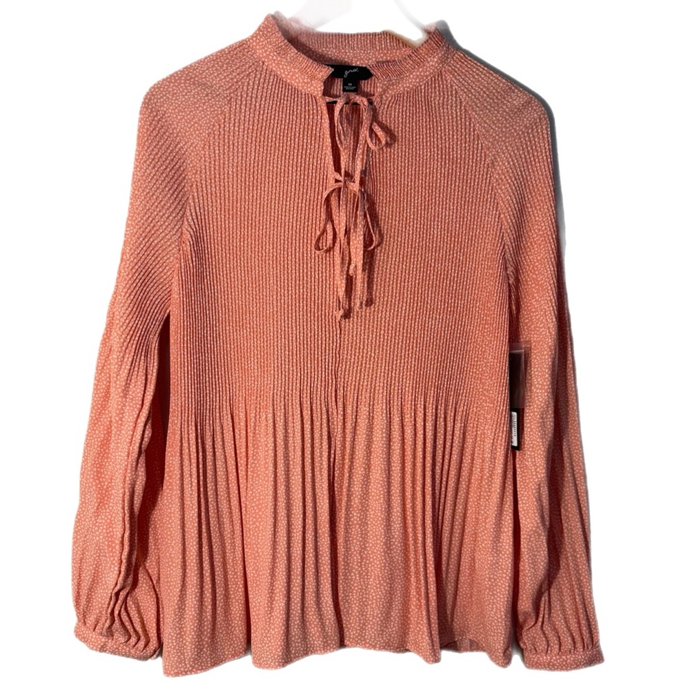 GNW Pleated Blouse Long Sleeve Ditsi Print Orange White M.